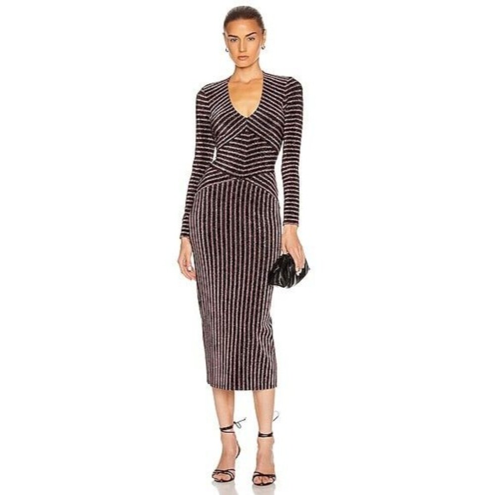 Fleur Du Mal Mitered Long Sleeve Body Midi Dress Striped Glitter Size Large